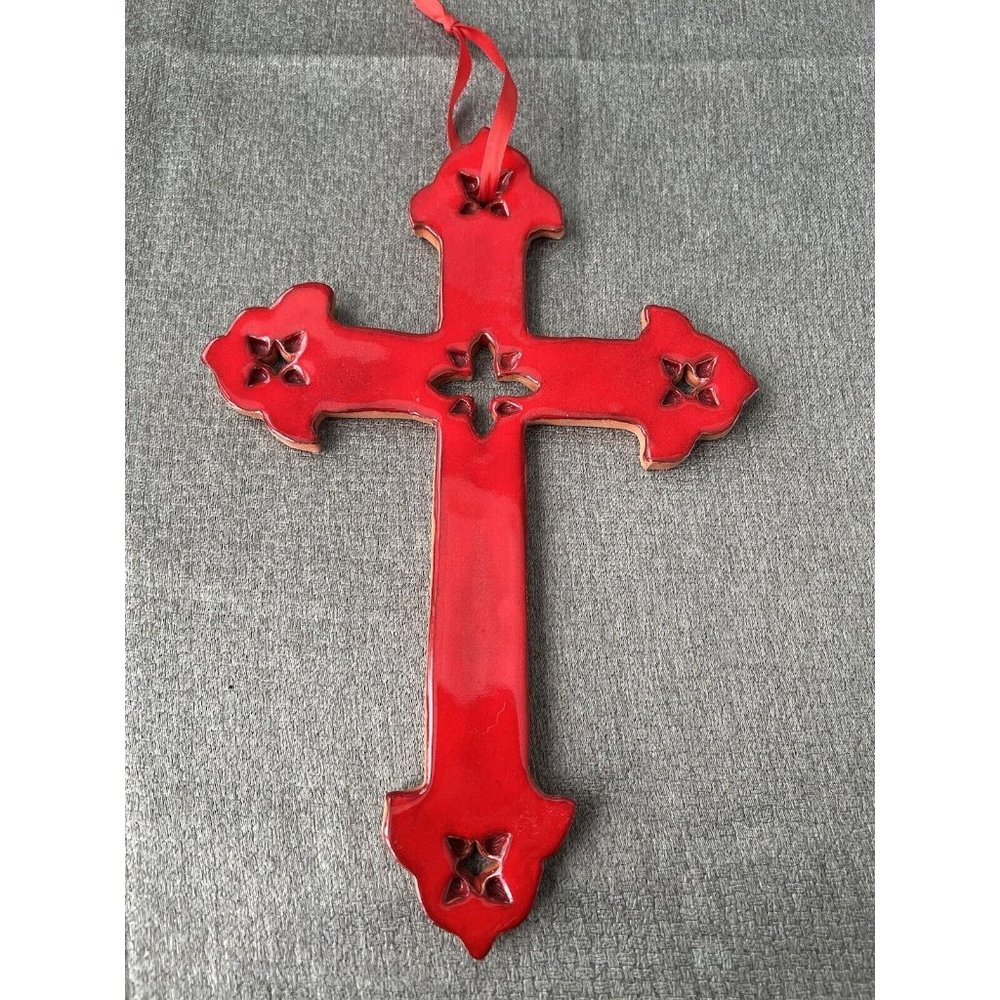 Ceramic Decorative Cross Crimson Glaze Signed - Wall Hanging 11”x7”